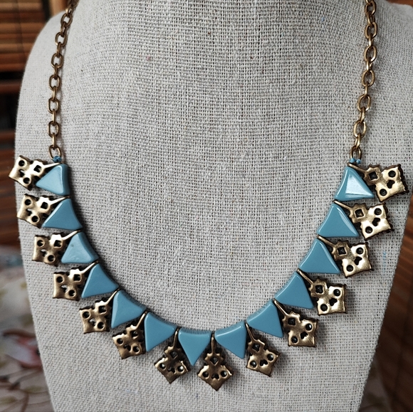 J. Crew Art Deco Revival Triangle Cornflower Blue Brass Smoke Stone Necklace EUC - Picture 3 of 10